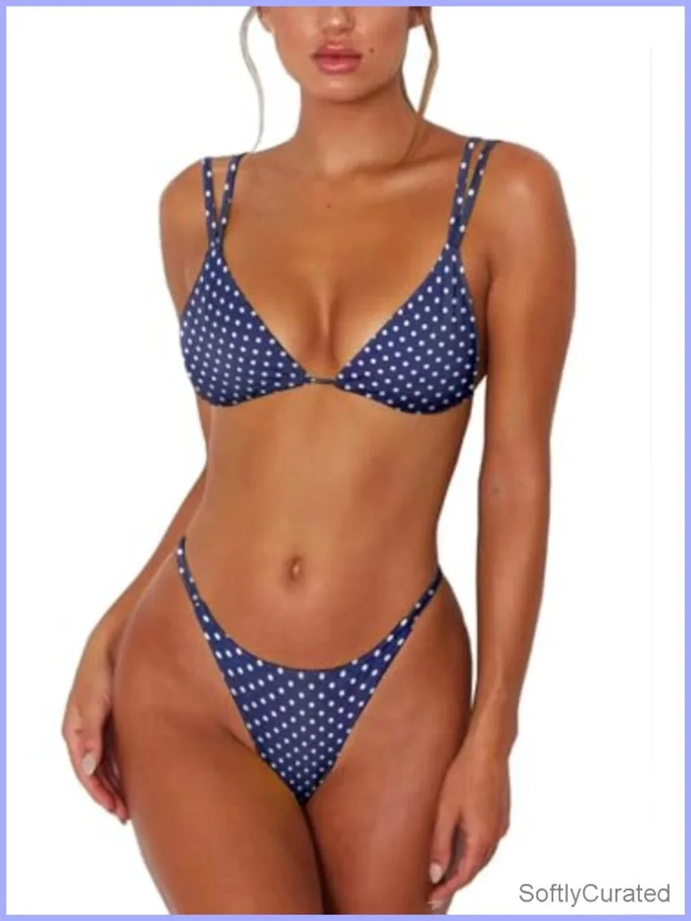 Sexy Thong Bottom Two Piece Bikini with Double Shoulder Straps Triangle Swimsuit
